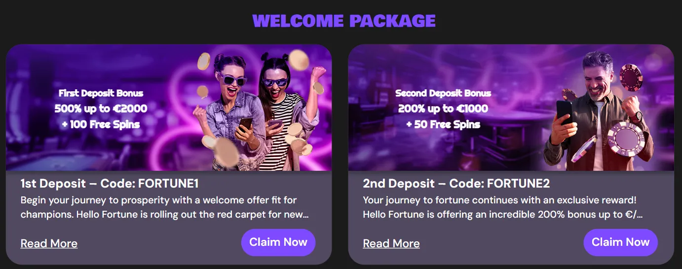 HelloFortune Casino welcome bonus and deposit rewards