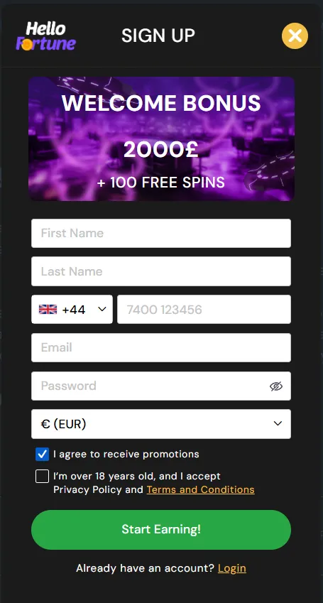 Registration form for new HelloFortune Casino accounts